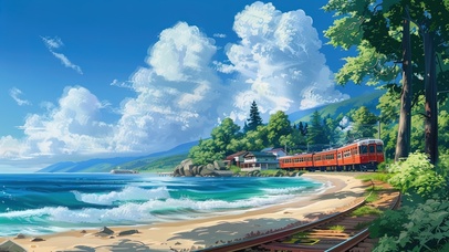 乘坐夏日红色海边火车