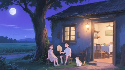 夏夜屋前纳凉赏月