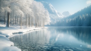 冬日雪山湖畔的银白森林