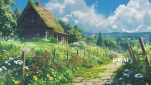 蓝天白云房屋花草树木景色