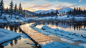 4K唯美夕阳雪山湖泊