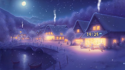 唯美冬日夜晚雪天小村庄