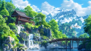 白云青山森林瀑布