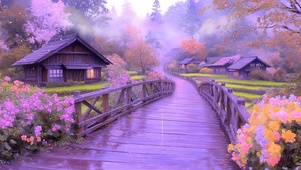 雨天木桥村落雾气