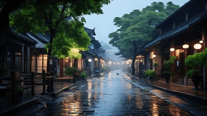 4K唯美治愈雨天古风街道
