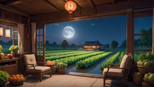 夜晚窗外的农田小屋