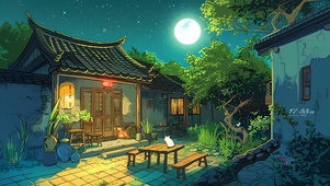 夜晚儿时庭院