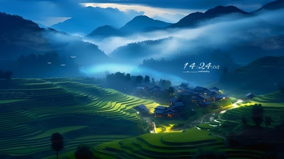 俯瞰浓雾乡村夜景	