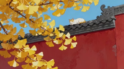 清新古风红墙银杏猫咪