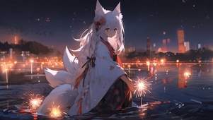 池边白发狐女