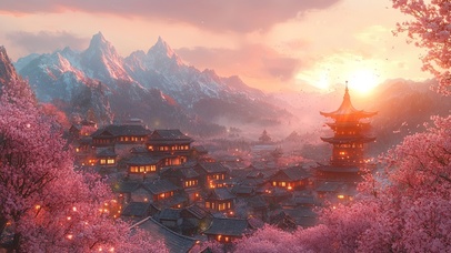 繁华盛开山林古镇美景