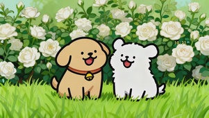 可爱花丛情侣线条小狗