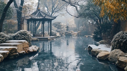 阴天下的园林庭院