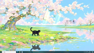 溪边桃花树下猫咪