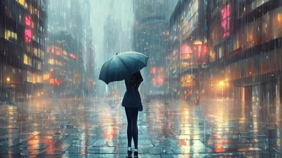 下雨的城市撑伞的女孩