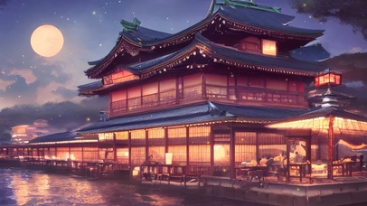 夜晚河边日式建筑