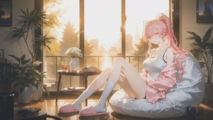 窗边暖阳···，粉发闲居，