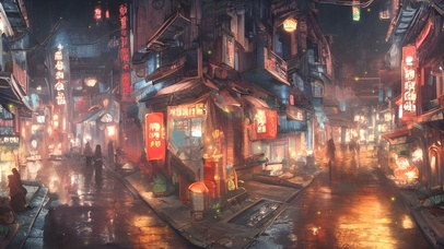 夜晚的赛博朋克中式古镇