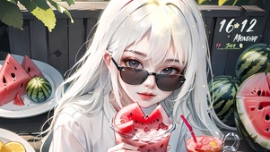 夏日西瓜凉饮眼镜少女