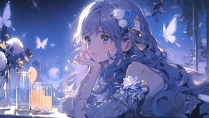 紫色蝴蝶围绕的少女
