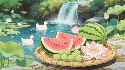 溪边赏荷吃瓜
