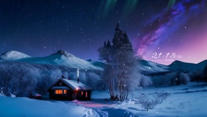 星空下雪景小屋