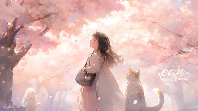 女孩和猫咪看落花