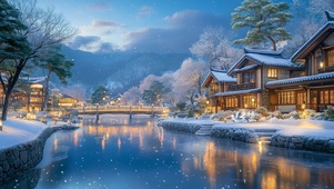 冬日湖畔灯火房屋