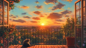 落日阳台小猫晚霞