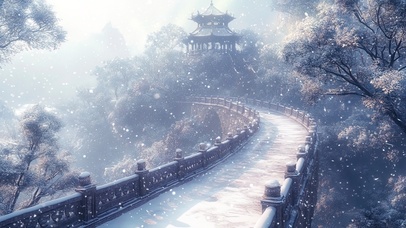 白雪皑皑古城石桥