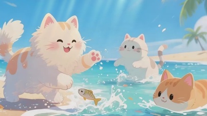 治愈猫猫海边玩耍