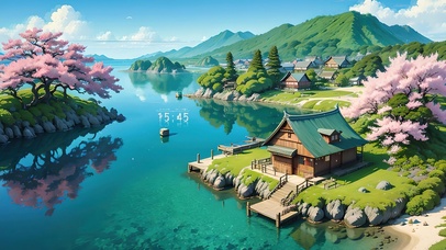 4K唯美樱花清新日系村庄海景