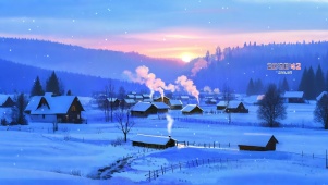 夕阳雪中村庄