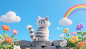 墙头上看彩虹的猫咪