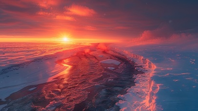 日落白雪覆盖的河流