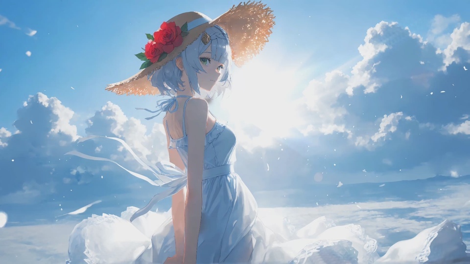 晴空花海边的浅蓝发少女，戴饰红玫瑰的草帽穿浅蓝吊带裙，侧转回望。