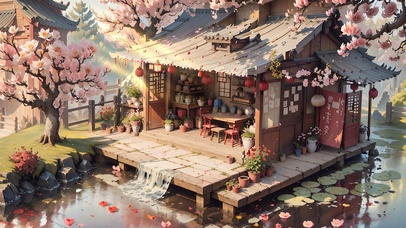 唯美夏日河边酒馆小屋