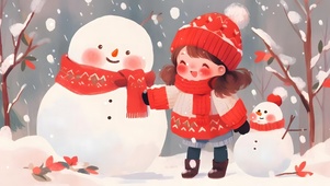 红袄子女孩和雪人