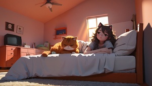 慵懒的女孩和猫