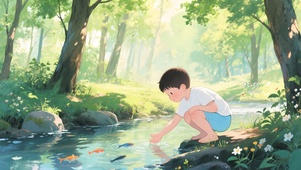 春天河流边抓鱼