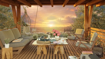 唯美治愈夕阳海边庭院