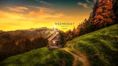 夕阳山腰上的小屋