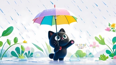 雨天撑伞黑猫