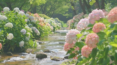治愈微风溪水绣球花
