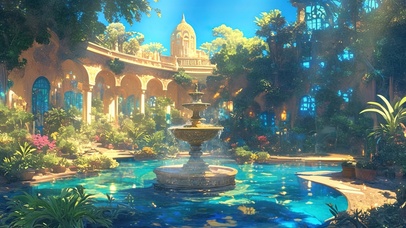 异域风情唯美治愈花园水池喷泉