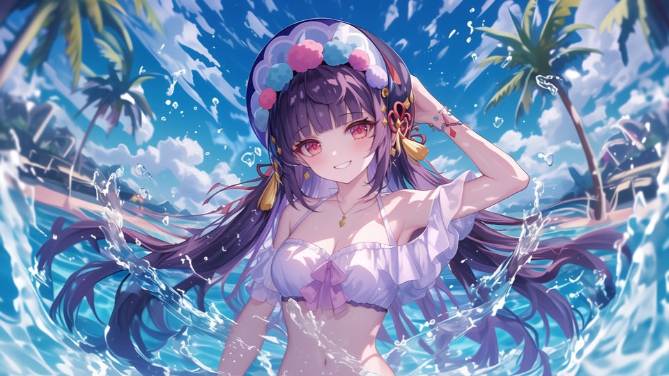 紫发粉眼少女站在海滨浅水中，身着浅紫露肩服饰，身侧溅起透明水花。