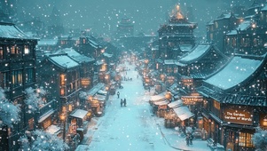冬季唯美飘雪古城夜景