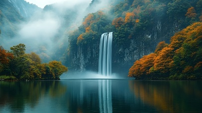 雾漫秋瀑映湖光