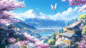 梦幻治愈海边雪山木屋樱花风景