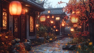 秋日雨夜庭院